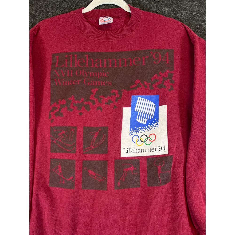 Vintage 90s Lillehammer 94 Olympic Winter Games Sweatshirt Maroon Mens XL Retro